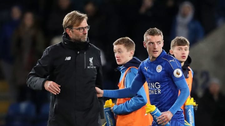 LEICESTER, ENGLAND - FEBRUARY 27: Liverpool Manager / Head Coach Jurgen Klopp embraces Jamie Vardy of Leicester City at the end of the Premier League match between Leicester City and Liverpool at The King Power Stadium on February 27, 2017 in Leicester, England. (Photo by Matthew Ashton - AMA/Getty Images)