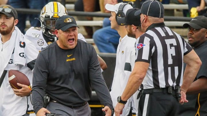 NASHVILLE, TENNESSEE - OCTOBER 19: Head coach Barry Odom of the Missouri Tigers yells at an official during the first half of a game against the Vanderbilt Commodores at Vanderbilt Stadium on October 19, 2019 in Nashville, Tennessee. (Photo by Frederick Breedon/Getty Images)