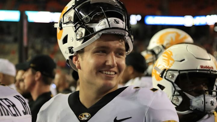 GAINESVILLE, FL - NOVEMBER 03: Drew Lock #3 of the Missouri Tigers smiles following a 38-17 victory over the Florida Gators at Ben Hill Griffin Stadium on November 3, 2018 in Gainesville, Florida. (Photo by Sam Greenwood/Getty Images)