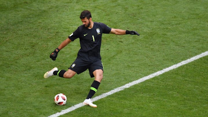 SAMARA, RUSSIA - JULY 02: Alisson of Brazil in action during the 2018 FIFA World Cup Russia Round of 16 match between Brazil and Mexico at Samara Arena on July 2, 2018 in Samara, Russia. (Photo by Hector Vivas/Getty Images)