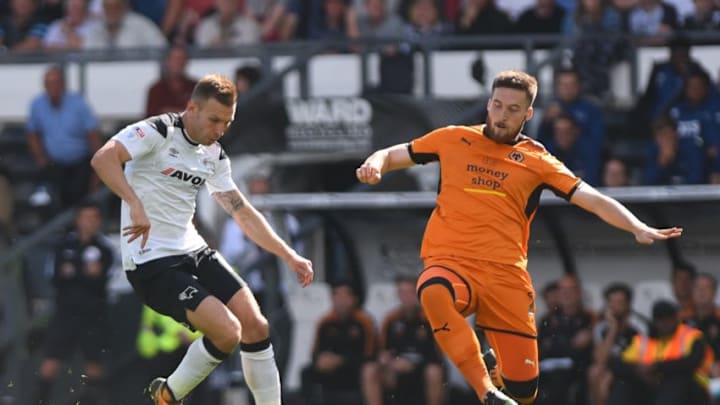 DERBY, ENGLAND - AUGUST 12: Andreas Weimann of Derby and Matt Doherty of Wolves in action during the Sky Bet Championship match between Derby County and Wolverhampton at iPro Stadium on August 12, 2017 in Derby, England. (Photo by Nathan Stirk/Getty Images)