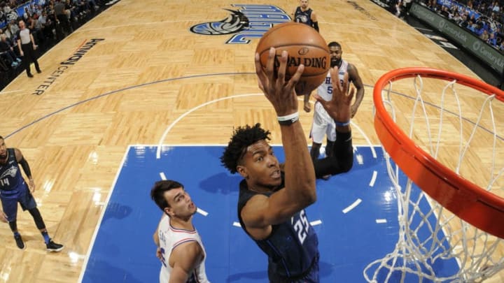 ORLANDO, FL - MARCH 22: Wesley Iwundu #25 of the Orlando Magic shoots the ball against the Philadelphia 76ers on March 22, 2018 at Amway Center in Orlando, Florida. NOTE TO USER: User expressly acknowledges and agrees that, by downloading and or using this photograph, User is consenting to the terms and conditions of the Getty Images License Agreement. Mandatory Copyright Notice: Copyright 2018 NBAE (Photo by Fernando Medina/NBAE via Getty Images)