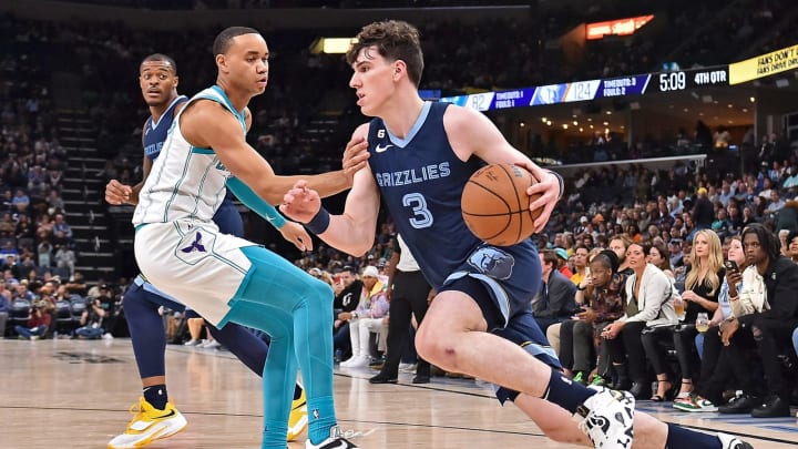 Jake LaRavia of the Memphis Grizzlies handles the ball. (Photo by Justin Ford/Getty Images)