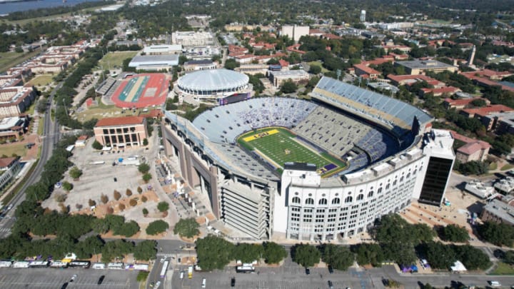 Nov 13, 2021; Baton Rouge, Louisiana, USA; A general overall aerial view of Tiger Stadium on the LSU campus. Mandatory Credit: Kirby Lee-USA TODAY Sports