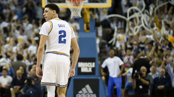 Feb 9, 2017; Los Angeles, CA, USA; UCLA Bruins guard Lonzo Ball (2) reacts after making a shot against the Oregon Ducks during the second half at Pauley Pavilion. The UCLA Bruins won 82-79. Mandatory Credit: Kelvin Kuo-USA TODAY Sports