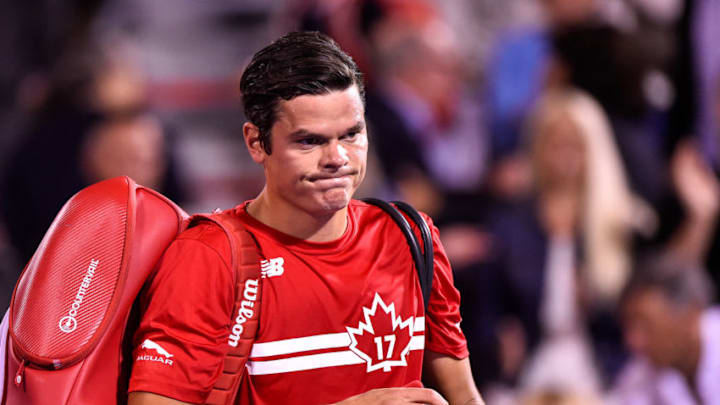MONTREAL, QC - AUGUST 09: Milos Raonic of Canada walks off the court after his defeat against Adrian Mannarino of France during day six of the Rogers Cup presented by National Bank at Uniprix Stadium on August 9, 2017 in Montreal, Quebec, Canada. Adrian Mannarino of France defeated Milos Raonic of Canada 6-4, 6-4. (Photo by Minas Panagiotakis/Getty Images)