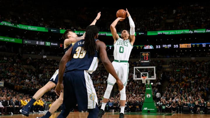 BOSTON, MA - DECEMBER 13: Jayson Tatum #0 of the Boston Celtics shoots the ball during the game against the Denver Nuggets on December 13, 2017 at the TD Garden in Boston, Massachusetts. NOTE TO USER: User expressly acknowledges and agrees that, by downloading and or using this photograph, User is consenting to the terms and conditions of the Getty Images License Agreement. Mandatory Copyright Notice: Copyright 2017 NBAE (Photo by Brian Babineau/NBAE via Getty Images)