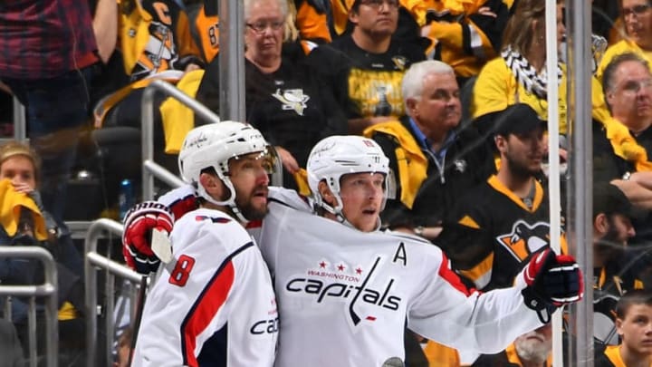 PITTSBURGH, PA - MAY 01: Alex Ovechkin #8 celebrates his goal with Nicklas Backstrom #19 of the Washington Capitals during the third period against the Pittsburgh Penguins in Game Three of the Eastern Conference Second Round during the 2018 NHL Stanley Cup Playoffs at PPG Paints Arena on May 1, 2018 in Pittsburgh, Pennsylvania. (Photo by Joe Sargent/NHLI via Getty Images)