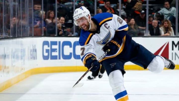 ANAHEIM, CA – JANUARY 23: Alex Pietrangelo #27 of the St. Louis Blues dumps the puck during the game against the Anaheim Ducks on January 23, 2019 at Honda Center in Anaheim, California. (Photo by Debora Robinson/NHLI via Getty Images)