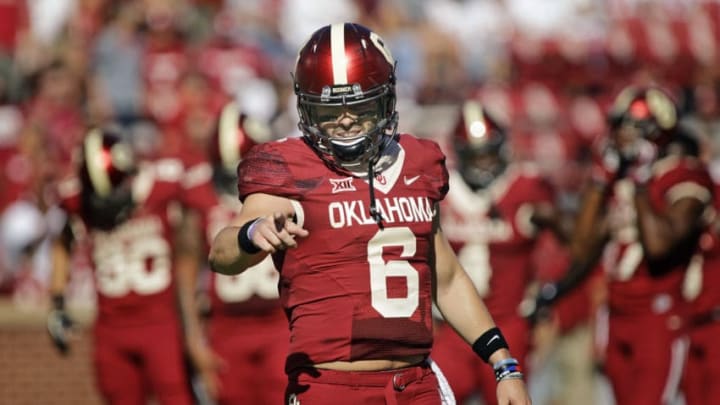 NORMAN, OK - OCTOBER 07: Quarterback Baker Mayfield #6 of the Oklahoma Sooners during warm ups before the game against the Iowa State Cyclones at Gaylord Family Oklahoma Memorial Stadium on October 7, 2017 in Norman, Oklahoma. Iowa State defeated Oklahoma 38-31. (Photo by Brett Deering/Getty Images)