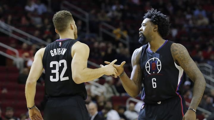 Dec 19, 2015; Houston, TX, USA; Los Angeles Clippers forward Blake Griffin (32) shakes hands with center DeAndre Jordan (6) before playing the Houston Rockets in the first quarter at Toyota Center. Mandatory Credit: Thomas B. Shea-USA TODAY Sports