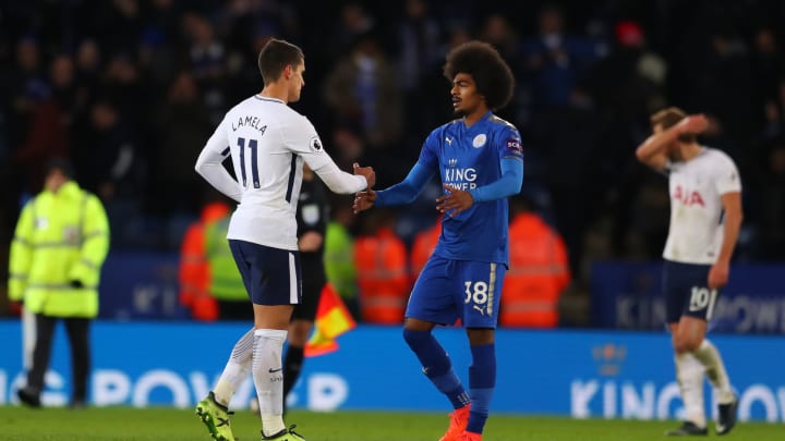 LEICESTER, ENGLAND – NOVEMBER 28: Hamza Choudhury of Leicester City shakes hands with Erik Lamela of Tottenham Hotspur after the Premier League match between Leicester City and Tottenham Hotspur at The King Power Stadium on November 28, 2017 in Leicester, England. (Photo by Catherine Ivill/Getty Images)