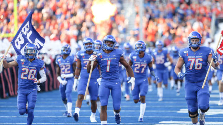 BOISE, ID - SEPTEMBER 06: Wide receiver Octavius Evans #1 of the Boise State Broncos leads the team on to the field prior to the first half against the Marshall Thundering Herd on September 6, 2019 at Albertsons Stadium in Boise, Idaho. (Photo by Loren Orr/Getty Images)