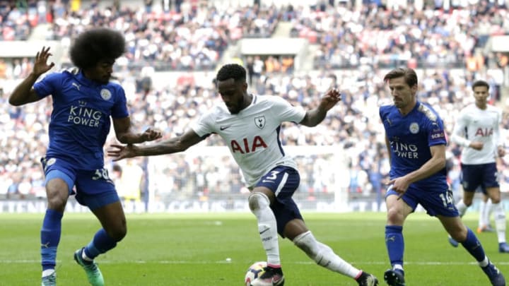 LONDON, ENGLAND - MAY 13: Danny Rose of Tottenham Hotspur controls the ball as Hamza Choudhury of aLeicester City and Adrien Silva of Leicester City looks on during the Premier League match between Tottenham Hotspur and Leicester City at Wembley Stadium on May 13, 2018 in London, England. (Photo by Henry Browne/Getty Images)