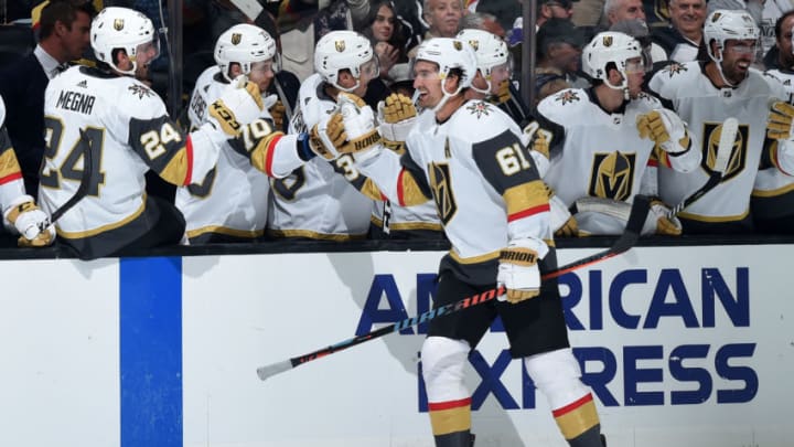 LOS ANGELES, CA - SEPTEMBER 19: Mark Stone #61 of the Vegas Golden Knights celebrates his third-period goal with the bench during the preseason game against the Los Angeles Kings at STAPLES Center on September 19, 2019 in Los Angeles, California. (Photo by Juan Ocampo/NHLI via Getty Images)