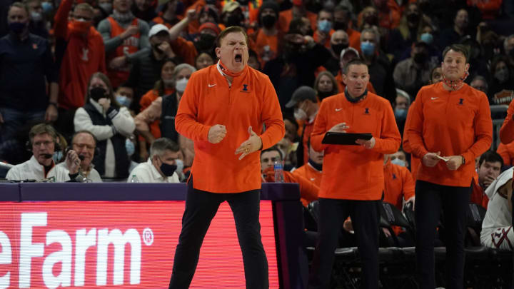 Jan 29, 2022; Evanston, Illinois, USA; Illinois Fighting Illini head coach Brad Underwood yells instructions to his team during the second half at Welsh-Ryan Arena. Mandatory Credit: David Banks-USA TODAY Sports