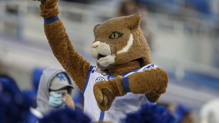 Oct 3, 2020; Lexington, Kentucky, USA; Kentucky Wildcats mascot, Scratch celebrates after a touchdown in the second half against Mississippi at Kroger Field. Mandatory Credit: Katie Stratman-USA TODAY Sports