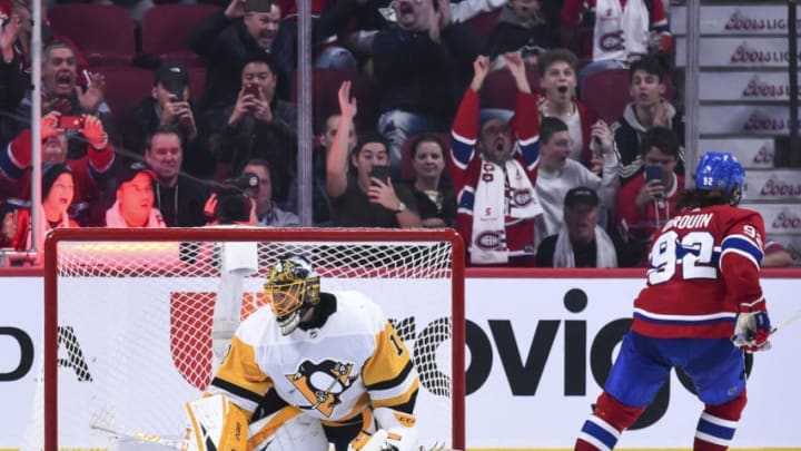 MONTREAL, QC - OCTOBER 13: Jonathan Drouin #92 of the Montreal Canadiens scores on goaltender Casey DeSmith #1 of the Pittsburgh Penguins, on a breakaway in a shootout, during the NHL game at the Bell Centre on October 13, 2018 in Montreal, Quebec, Canada. The Montreal Canadiens defeated the Pittsburgh Penguins 4-3 in a shootout. (Photo by Minas Panagiotakis/Getty Images)