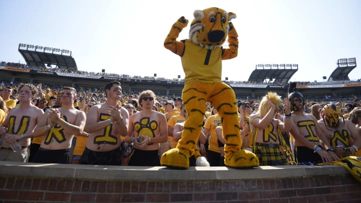 Truman the Tiger entertains at a Mizzou football game  (Photo by Ed Zurga/Getty Images)