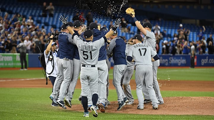 TORONTO, ON – MAY 08: Seattle Mariners team mates including retired team mate Ichiro Suzuki (51) celebrate a no hitter with Seattle Mariners Starting pitcher James Paxton (65) after the regular season MLB game between the Seattle Mariners and Toronto Blue Jays on May 8, 2018 at Rogers Centre in Toronto, ON. (Photo by Gerry Angus/Icon Sportswire via Getty Images)