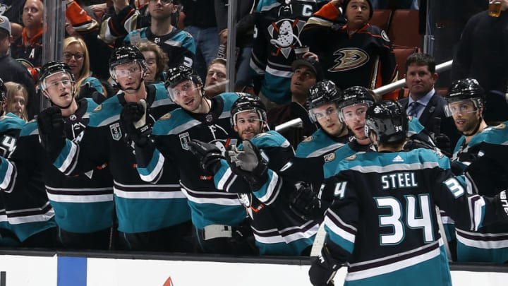 ANAHEIM, CA - OCTOBER 21: Sam Steel #34 of the Anaheim Ducks celebrates his first NHL goal with his teammates during the game against the Buffalo Sabres on October 21, 2018 at Honda Center in Anaheim, California. (Photo by Debora Robinson/NHLI via Getty Images)