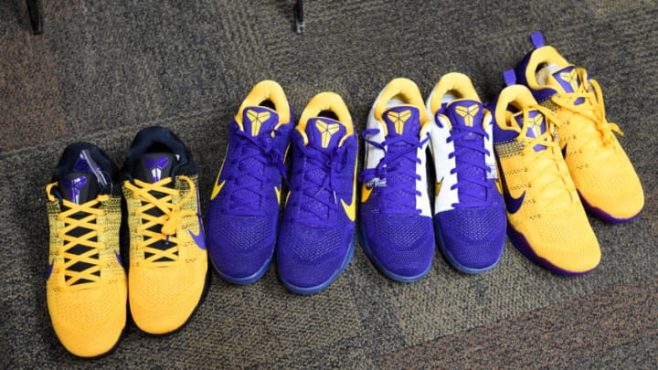OKLAHOMA CITY, OK - APRIL 11: The sneakers of Kobe Bryant #24 of the Los Angeles Lakers for the game against the Oklahoma City Thunder at Chesapeake Energy Arena on April 11, 2016 in Oklahoma City, Oklahoma. NOTE TO USER: User expressly acknowledges and agrees that, by downloading and/or using this Photograph, user is consenting to the terms and conditions of the Getty Images License Agreement. Mandatory Copyright Notice: Copyright 2016 NBAE (Photo by Andrew D. Bernstein/NBAE via Getty Images)