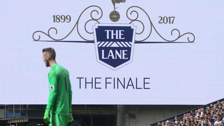 LONDON, ENGLAND - MAY 14: David de Gea of Manchester United in action in front of a banner to celebrate the final match to be played at White Hart Lane during the Premier League match between Mancheser United and Tottenham Hotspur at White Hart Lane on May 14, 2017 in London, England. (Photo by John Peters/Man Utd via Getty Images)