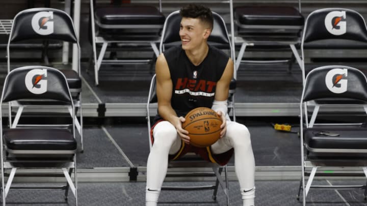 MIAMI, FLORIDA - DECEMBER 14: Tyler Herro #14 of the Miami Heat looks on prior to a preseason game against the New Orleans Pelicans at American Airlines Arena on December 14, 2020 in Miami, Florida. NOTE TO USER: User expressly acknowledges and agrees that, by downloading and or using this photograph, User is consenting to the terms and conditions of the Getty Images License Agreement. (Photo by Michael Reaves/Getty Images)