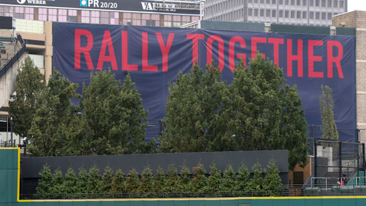 CLEVELAND, OH - OCTOBER 07: A Rally Together banner is hung on the parking structure behind the center field wall during team workouts on an off-day of the American League Divisional Series between the Houston Astros and Cleveland Indians on October 7, 2018, at Progressive Field in Cleveland, OH. (Photo by Frank Jansky/Icon Sportswire via Getty Images)
