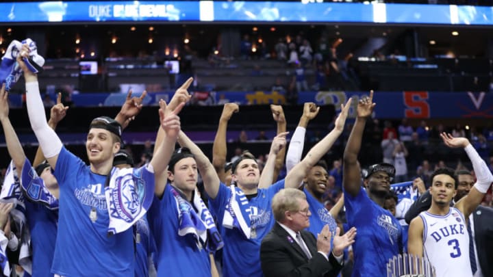 CHARLOTTE, NC - MARCH 16: Duke Blue Devils celebrate at the end of the of the ACC Tournament championship game with the Duke Blue Devils versus the Florida State Seminoles on March 16, 2019, at the Spectrum Center in Charlotte, NC. (Photo by Jaylynn Nash/Icon Sportswire via Getty Images)