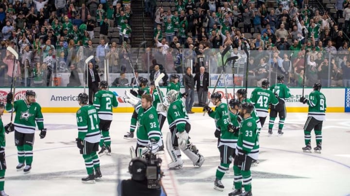 Oct 29, 2015; Dallas, TX, USA; The Dallas Stars salute their fans after the win over the Vancouver Canucks at the American Airlines Center. The Stars defeat the Canucks 4-3 in overtime. Mandatory Credit: Jerome Miron-USA TODAY Sports