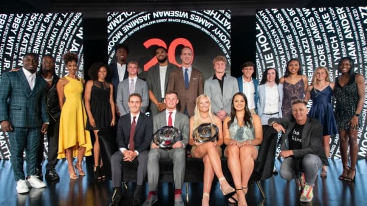 On Tuesday, July 9, 2019 in Los Angeles, California; 2019 Gatorade Female and Male Athlete of the Year award winners Kelley Lynch of East Coweta High School (Sharpsburg, Ga.) and Bobby Witt Jr. of Colleyville Heritage High School (Colleyville, Texas) pose with the pro athletes at the 2019 Gatorade Athlete of the Year Awards. Pictured from left to right: (top row) Sony Michel, Todd Gurley, Sage Steele, Allyson Felix, James Wiseman, Matthew Boling, Karl-Anthony Towns, Peyton Manning, Jake Smith, Omar Hernandez, Sophie Jones, Azzi Fudd, Katelyn Tuohy and Jasmine Moore; (bottom row) Liam Anderson, Bobby Witt Jr., Kelley Lynch, Ellie Holzman and Abby Wambach. Photo Credit/Gatorade.