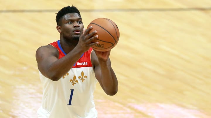 NEW ORLEANS, LOUISIANA – JANUARY 08: Zion Williamson #1 of the New Orleans Pelicans shoots a free throw during a NBA game against the Charlotte Hornets at Smoothie King Center on January 08, 2021 in New Orleans, Louisiana. NOTE TO USER: User expressly acknowledges and agrees that, by downloading and/or using this photograph, user is consenting to the terms and conditions of the Getty Images License Agreement. (Photo by Sean Gardner/Getty Images)