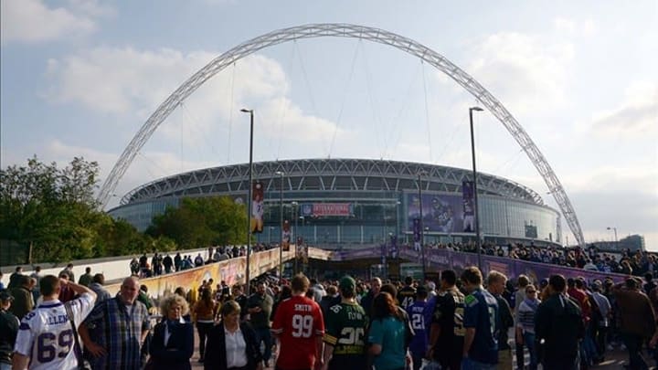 Sep 29, 2013; London, UNITED KINGDOM; Fans arrive for the NFL International Series game between the Pittsburgh Steelers and the Minnesota Vikings at Wembley Stadium. Mandatory Credit: Kirby Lee-USA TODAY Sports