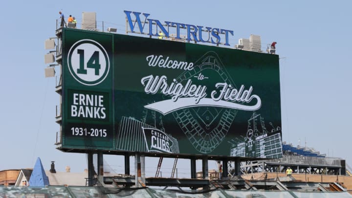CHICAGO, IL - APRIL 05: A new video board in the left field bleachers is shown before the Opening Night game between the Chicago Cubs and the St. Louis Cardinals at Wrigley Field on April 5, 2015 in Chicago, Illinois. (Photo by Jonathan Daniel/Getty Images)