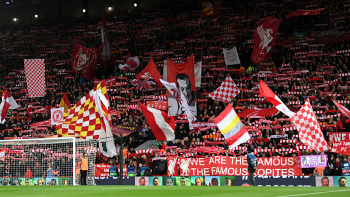 LIVERPOOL, ENGLAND - APRIL 04: Liverpool fans hold up banners and scarfs prior to the UEFA Champions League Quarter Final Leg One match between Liverpool and Manchester City at Anfield on April 4, 2018 in Liverpool, England. (Photo by Shaun Botterill/Getty Images)