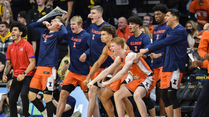 Dec 6, 2021; Iowa City, Iowa, USA; The Illinois Fighting Illini bench reacts during the second half against the Iowa Hawkeyes at Carver-Hawkeye Arena. Mandatory Credit: Jeffrey Becker-USA TODAY Sports