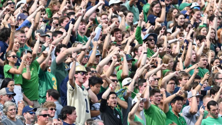 Sep 16, 2023; South Bend, Indiana, USA; Notre Dame students cheer just before kickoff of the game between the Notre Dame Fighting Irish and the Central Michigan Chippewas at Notre Dame Stadium. Mandatory Credit: Matt Cashore-USA TODAY Sports
