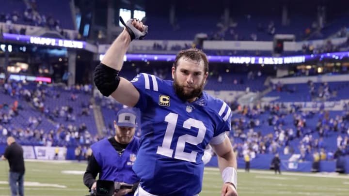 INDIANAPOLIS, IN - JANUARY 01: Andrew Luck #12 of the Indianapolis Colts celebrates after the Colts won 24-20 over the Jacksonville Jaguars at Lucas Oil Stadium on January 1, 2017 in Indianapolis, Indiana. (Photo by Andy Lyons/Getty Images)