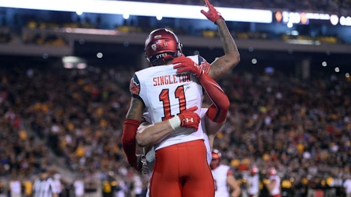 Nov 10, 2016; Tempe, AZ, USA; Utah Utes wide receiver Raelon Singleton (11) celebrates a touchdown against the Arizona State Sun Devils during the first half at Sun Devil Stadium. Mandatory Credit: Joe Camporeale-USA TODAY Sports