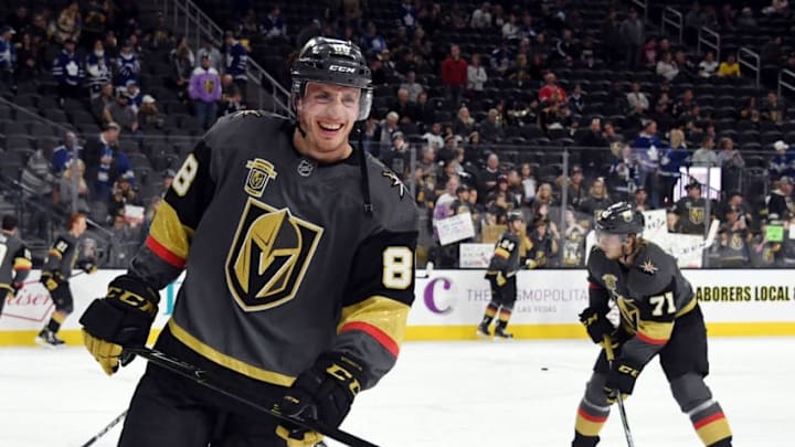 LAS VEGAS, NV – DECEMBER 31: Nate Schmidt #88 of the Vegas Golden Knights smiles as he warms up before a game against the Toronto Maple Leafs at T-Mobile Arena on December 31, 2017, in Las Vegas, Nevada. The Golden Knights won 6-3. (Photo by Ethan Miller/Getty Images)