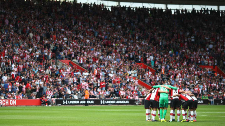 SOUTHAMPTON, ENGLAND - AUGUST 12: Southampton team in a huddle prior to the Premier League match between Southampton and Swansea City at St Mary's Stadium on August 12, 2017 in Southampton, England. (Photo by Charlie Crowhurst/Getty Images)