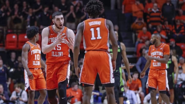 CHAMPAIGN, IL - FEBRUARY 05: Giorgi Bezhanishvili #15 reacts and talks with Ayo Dosunmu #11 of the Illinois Fighting Illini during the game against the Michigan State Spartans at State Farm Center on February 5, 2019 in Champaign, Illinois. (Photo by Michael Hickey/Getty Images)