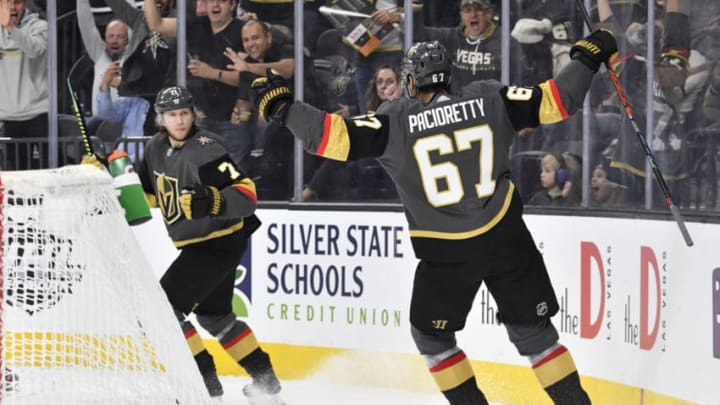 LAS VEGAS, NEVADA - NOVEMBER 17: Max Pacioretty #67 of the Vegas Golden Knights celebrates after scoring a goal during the third period against the Calgary Flames at T-Mobile Arena on November 17, 2019 in Las Vegas, Nevada. (Photo by Jeff Bottari/NHLI via Getty Images)