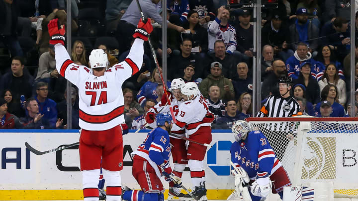 Carolina Hurricanes left wing Teuvo Teravainen (86) celebrates after scoring a goal against New York Rangers Credit: Tom Horak-USA TODAY Sports