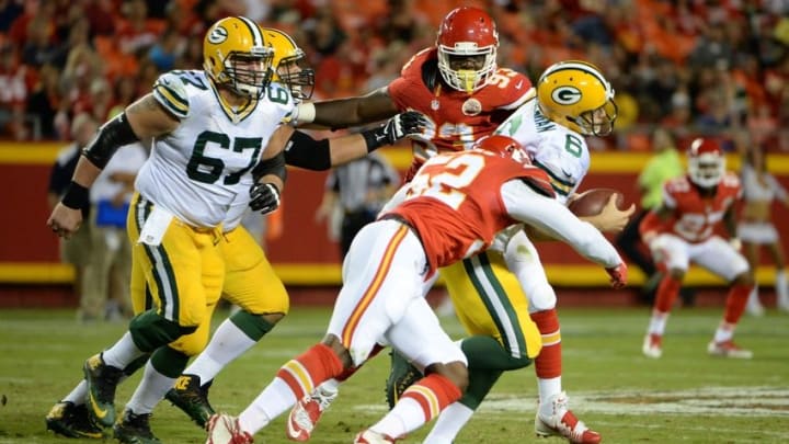 Sep 1, 2016; Kansas City, MO, USA; Green Bay Packers quarterback Joe Callahan (6) is tackled by Kansas City Chiefs linebacker Dadi Nicolas (52) in the second half at Arrowhead Stadium. Kansas City won 17-7. Mandatory Credit: John Rieger-USA TODAY Sports