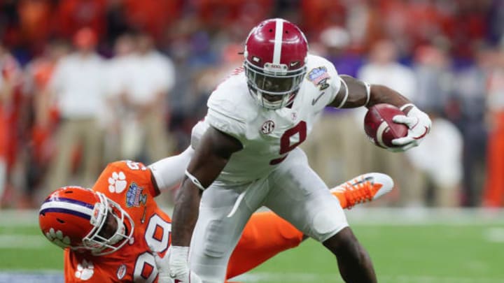 NEW ORLEANS, LA – JANUARY 01: Bo Scarbrough #9 of the Alabama Crimson Tide is tackled by Clelin Ferrell #99 of the Clemson Tigers in the first half of the AllState Sugar Bowl at the Mercedes-Benz Superdome on January 1, 2018 in New Orleans, Louisiana. (Photo by Tom Pennington/Getty Images)