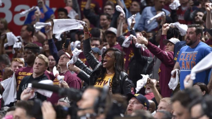 CLEVELAND, OH - APRIL 25: Cleveland Cavaliers fans cheer during the game against the Indiana Pacers in Game Five of Round One of the 2018 NBA Playoffs between the Indiana Pacers and Cleveland Cavaliers on April 25, 2018 at Quicken Loans Arena in Cleveland, Ohio. NOTE TO USER: User expressly acknowledges and agrees that, by downloading and/or using this Photograph, user is consenting to the terms and conditions of the Getty Images License Agreement. Mandatory Copyright Notice: Copyright 2018 NBAE (Photo by David Liam Kyle/NBAE via Getty Images)