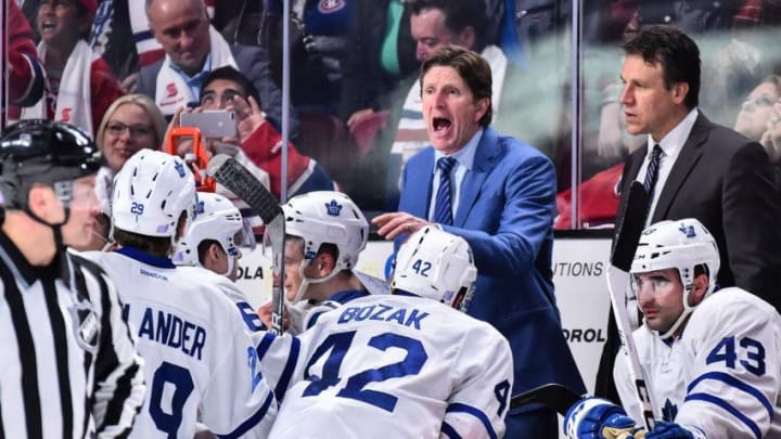 MONTREAL, QC - OCTOBER 29: Head coach of the Toronto Maple Leafs Mike Babcock calls a timeout late in the third period and gives instructions to his players during the NHL game against the Montreal Canadiens at the Bell Centre on October 29, 2016 in Montreal, Quebec, Canada. The Montreal Canadiens defeated the Toronto Maple Leafs 2-1. (Photo by Minas Panagiotakis/Getty Images)