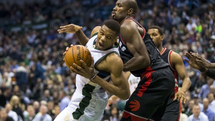 Apr 27, 2017; Milwaukee, WI, USA; Milwaukee Bucks forward Giannis Antetokounmpo (34) spins for the basket during the third quarter against the Toronto Raptors in game six of the first round of the 2017 NBA Playoffs at BMO Harris Bradley Center. Mandatory Credit: Jeff Hanisch-USA TODAY Sports